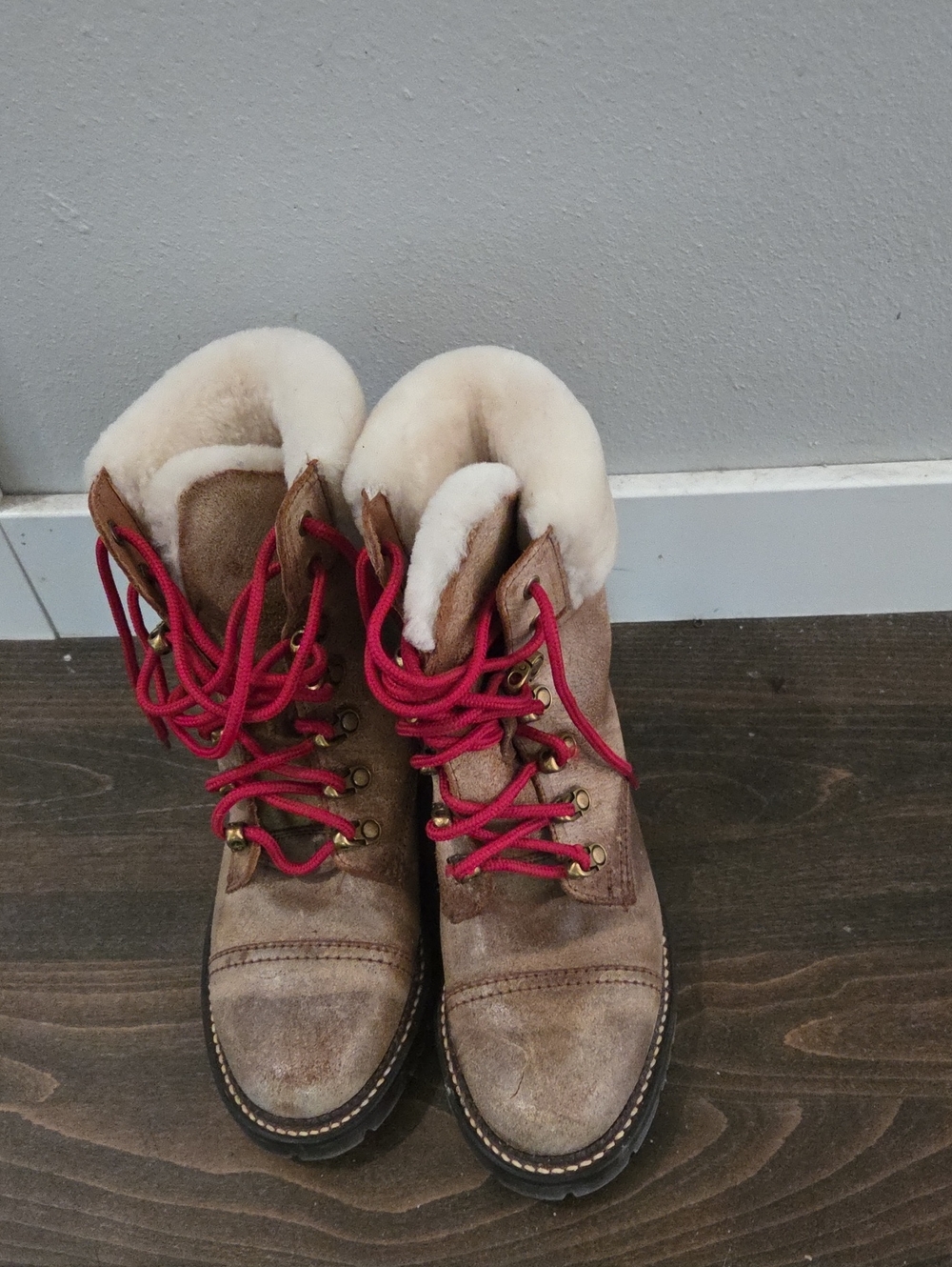 Frye Brown Leather Shearling-Lined Boots with Red Laces